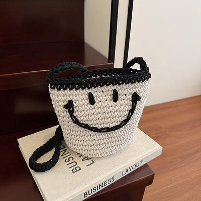 Summer Handwoven Bag Women's New Fashion Smiley Face Shoulder Bucket Bag Hollow Straw Bag Beach Bag