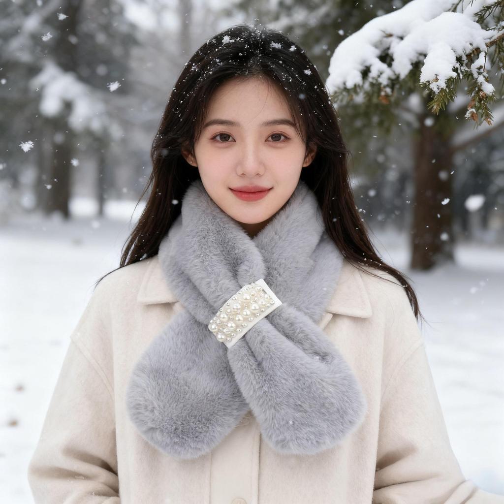 Japanese-Style Autumn/Winter Pearl Plush Neck Warmer: Imitation Mink Fur Scarf for Girls, Thickened Cross Design, Fresh & Sweet