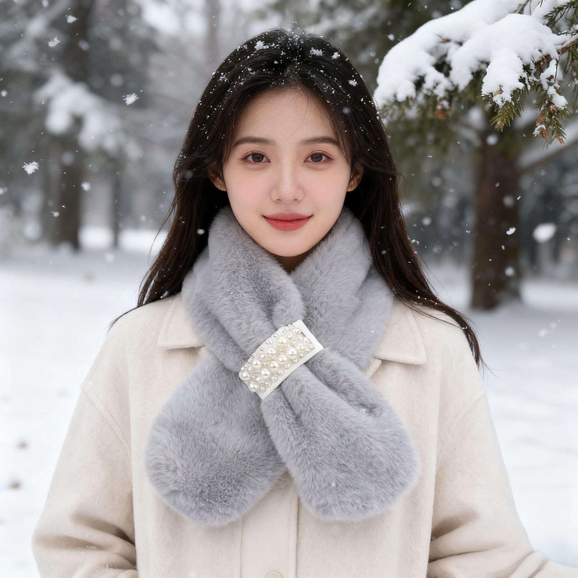 

Japanese-Style Autumn/Winter Pearl Plush Neck Warmer: Imitation Mink Fur Scarf for Girls, Thickened Cross Design, Fresh & Sweet