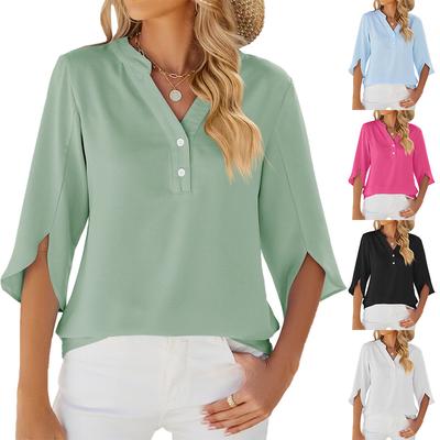 Summer New Solid Color V-neck Mid-sleeve Chiffon Blouse Ladies Chiffon Shirt