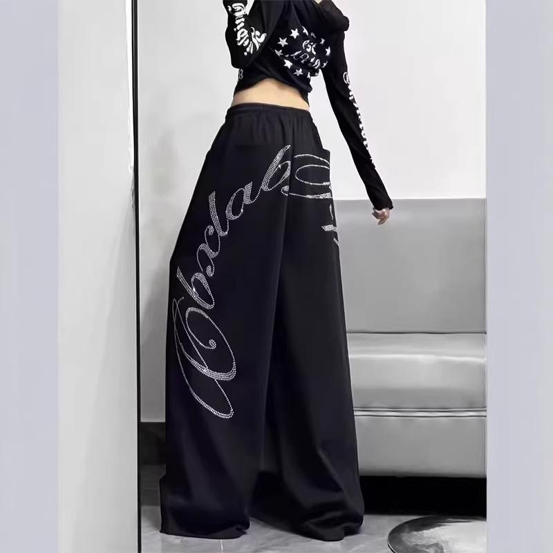 Womens Black Wide Leg Sweatpants With Rhinestone Embellishment Streetwear Loose Fit Joggers Dance Casual Wear