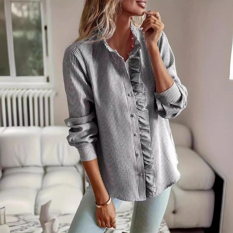 Fashion Spring Autumn Long Sleeve Pleated Women Shirt Elegant Loose Casual Ruffled Single-Breasted Elegant Office Blouse Ladies Basic Tops