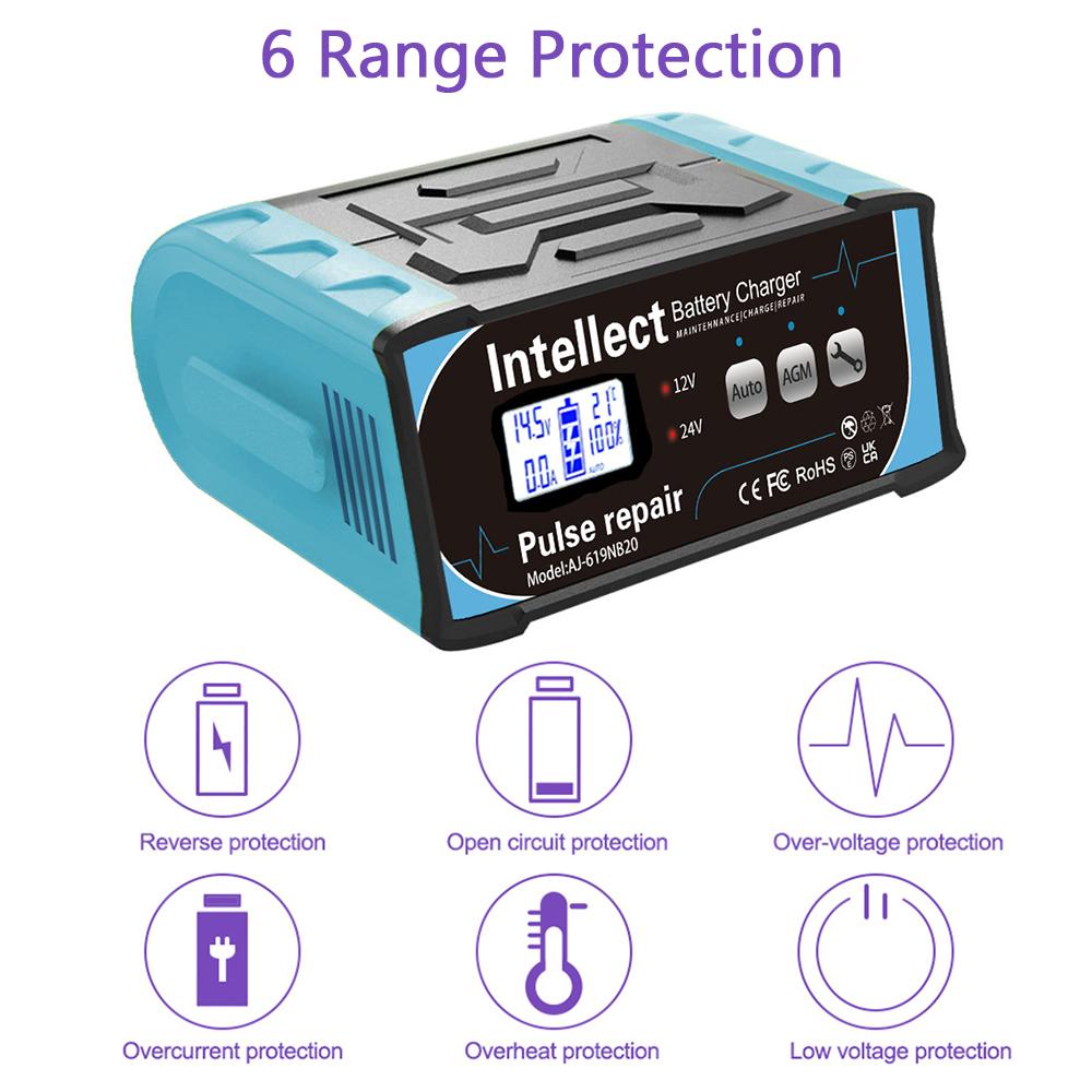 High Power Pulse Repair 12V/24V LCD Display EU US Plug Car Battery Charger Fully Automatic For Lead Acid Batteries 200W