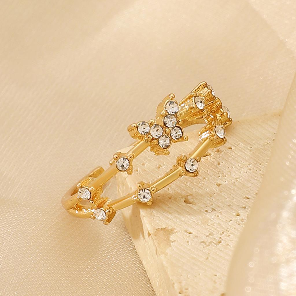 High-quality Retro Double-layer Ring for Women, Niche Ins Copper Micro-inlaid Zircon Butterfly Live Adjustable Simple Ring
