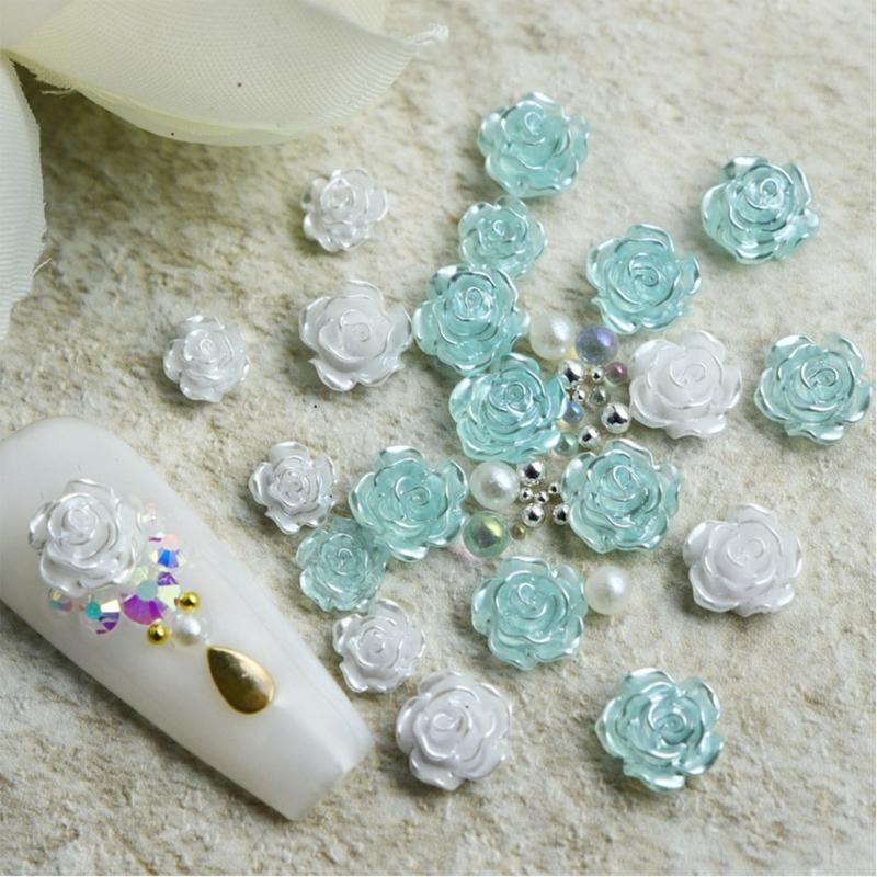 50Pcs Rose Flower Nail Art Decorations with Mini Pearls Resin Flower Nail Art Charms for DIY Acrylic Nails Bride Nail