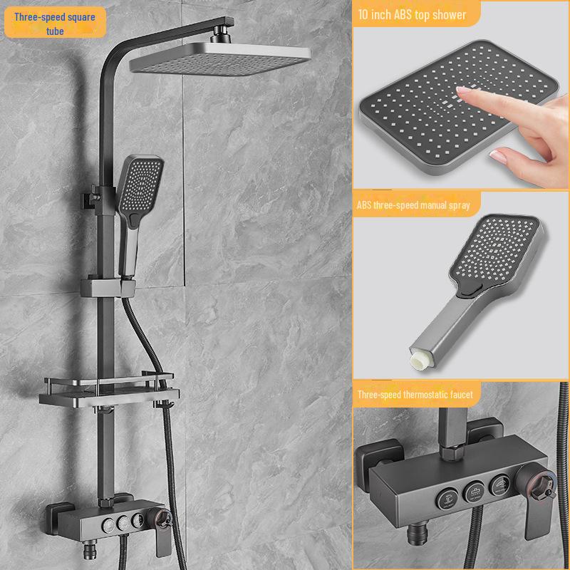 

Термостатический душевой гарнитур из нержавеющей стали серого цвета с тропическим душем и функцией усилителя