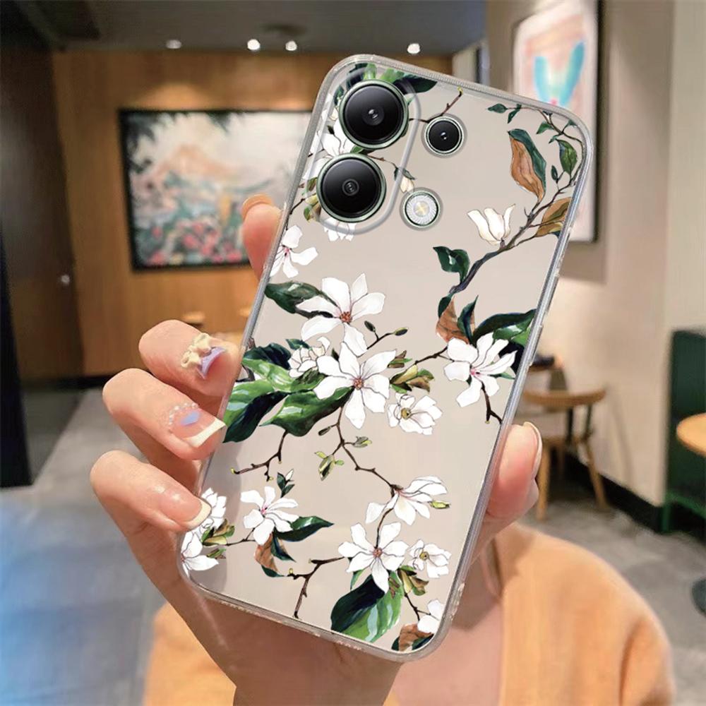 Korean Floral INS Minimalist Plants Phone Case For Xiaomi Redmi Note Note 13 9 11 10 12 Pro 12S Soft TPU Girls Transparent Cover