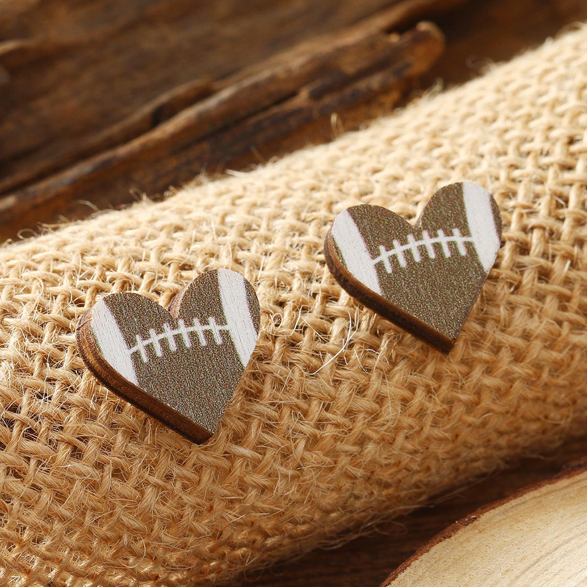 Versatile Cartoon Heart & Cow Print Sport Wooden Stud Earrings for Women