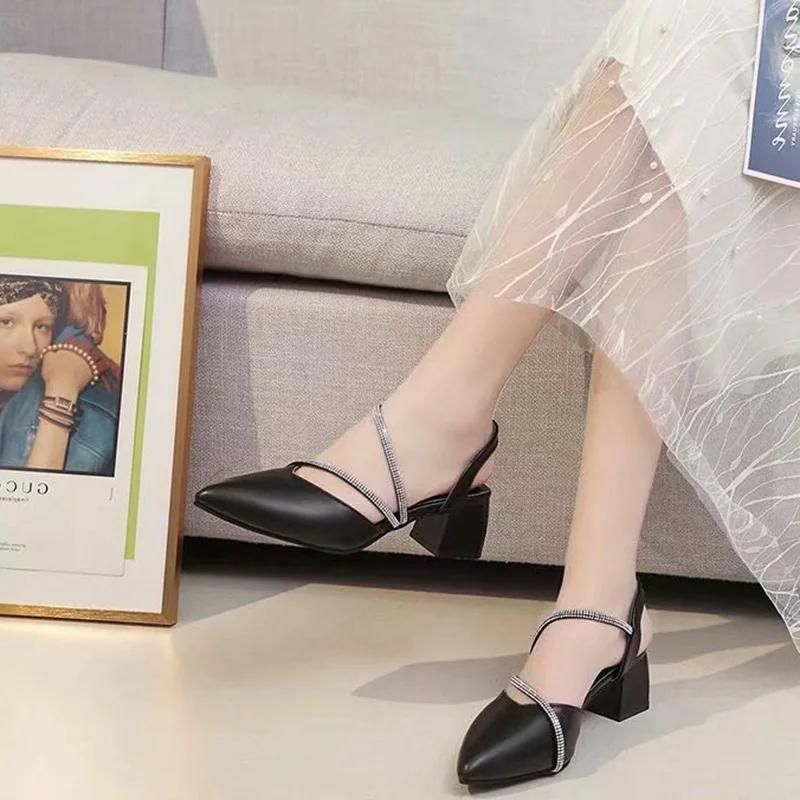 2024 Summer Shoes Women Sandals Fashion Modern Ladies High Heels Pointed toe Elegant Woman Party Shoes Square Heel 5cm D094
