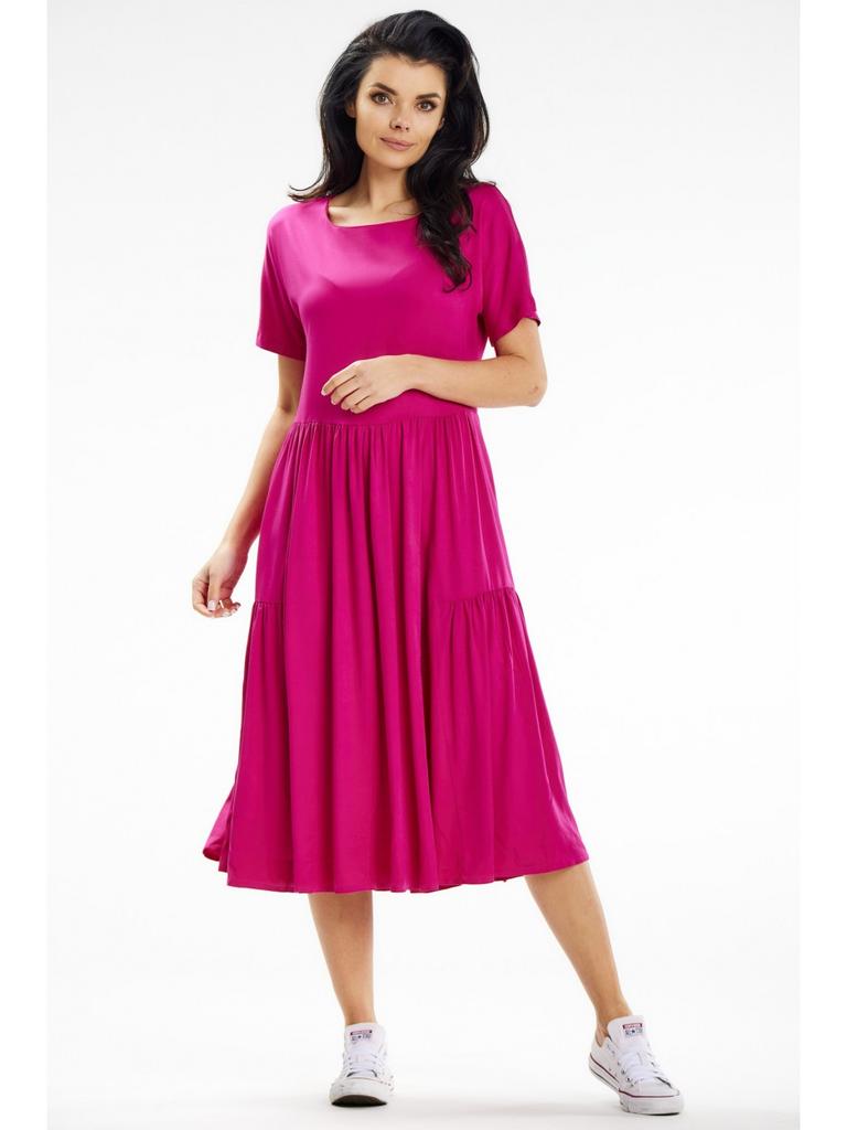 Flared midi dress with short kimono sleeves, fuchsia M