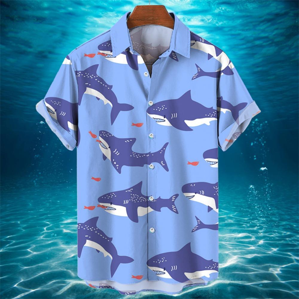 3D Animal Shark Print Hawaiian Shirt Men's Summer Casual Shirt Fashion Short Sleeved Sea World Loose Street Blouse Clothes