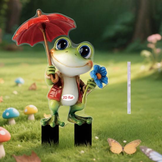 Yousheng Cartoon Frog Garden Stake, 2D Acrylic Cute Frog Garden Decoration, Waterproof Outdoor Yard Art Stake for Lawn Flower Bed Planter