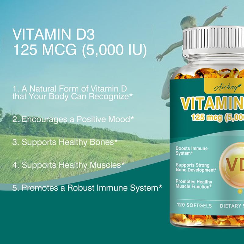 Vitamin D3 Softgels Support the Immune System, Bone Development, and Muscle Function. 120 Softgels.