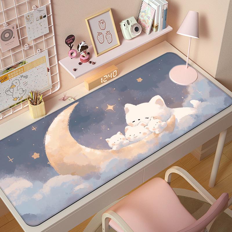 Extra Large Cute Cat Cartoon Mouse Pad with Stitched Edges - Aesthetic Desk Mat for Girls
