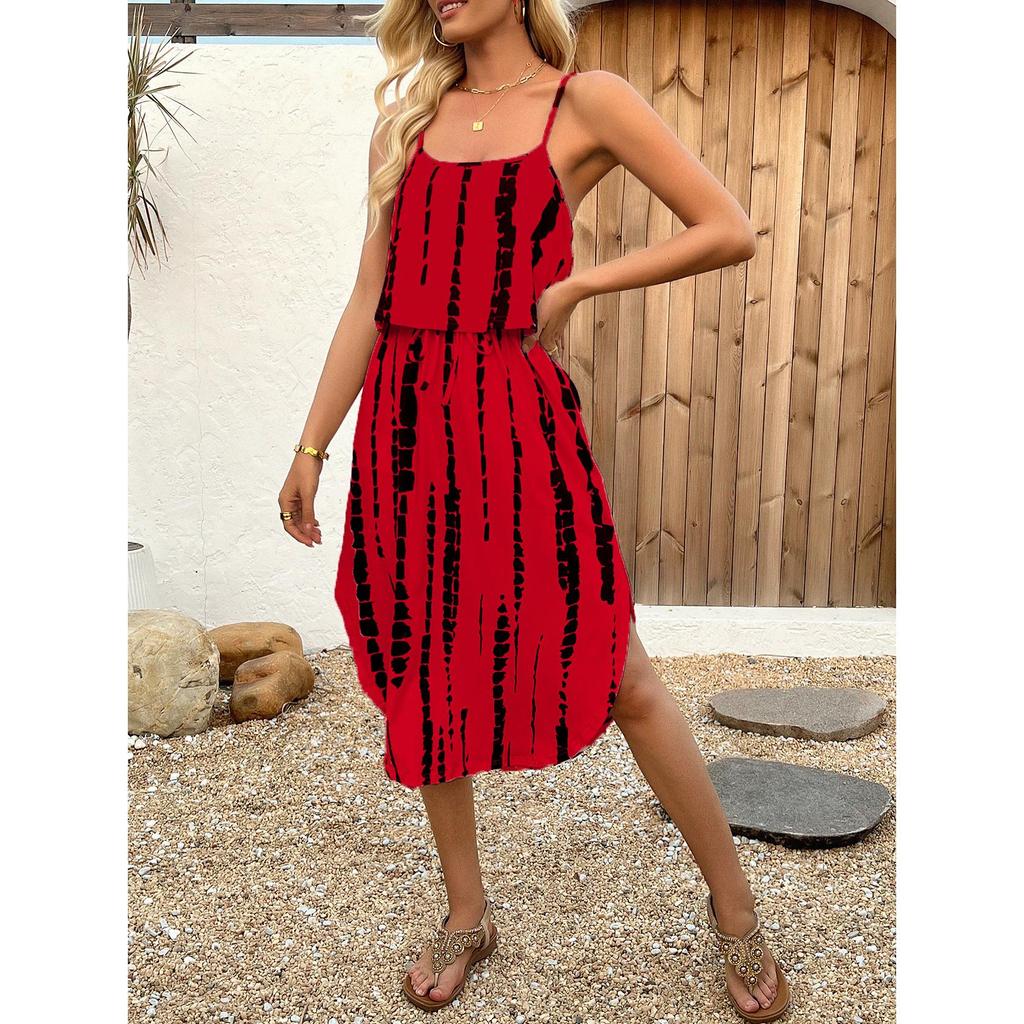 Women's Summer Spaghetti Strap Dress with Belt & Side Slit - Casual Sleeveless Flowy Dress