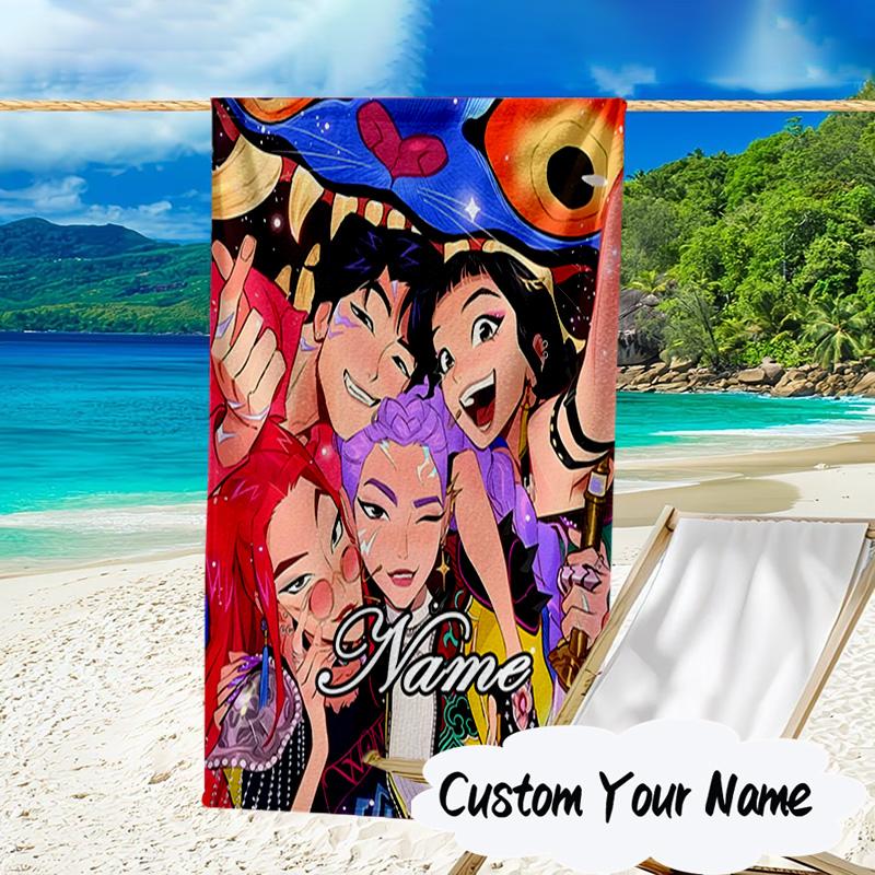 Custom Name KPop Demon Microfiber Beach Towel Super Soft & Absorbent for Bath, Beach, Travel Bath Time Accessory, Fan Gifts