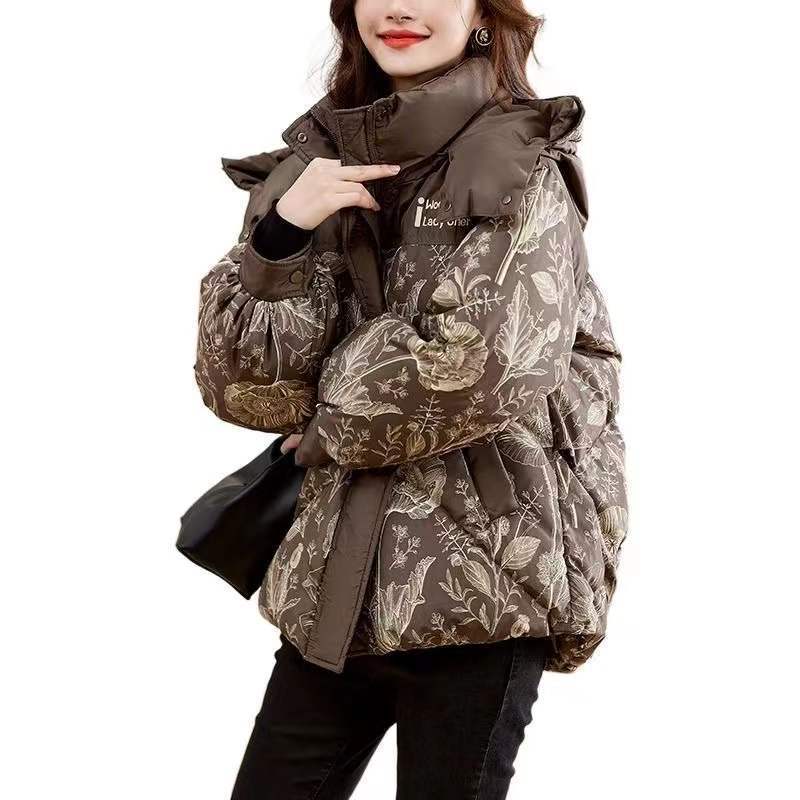 Down Cotton-padded Clothing, Winter Large-size Women's Clothing, Loose Printing, Warm Cotton-padded Jacket, Thickened Hooded Jacket Tide