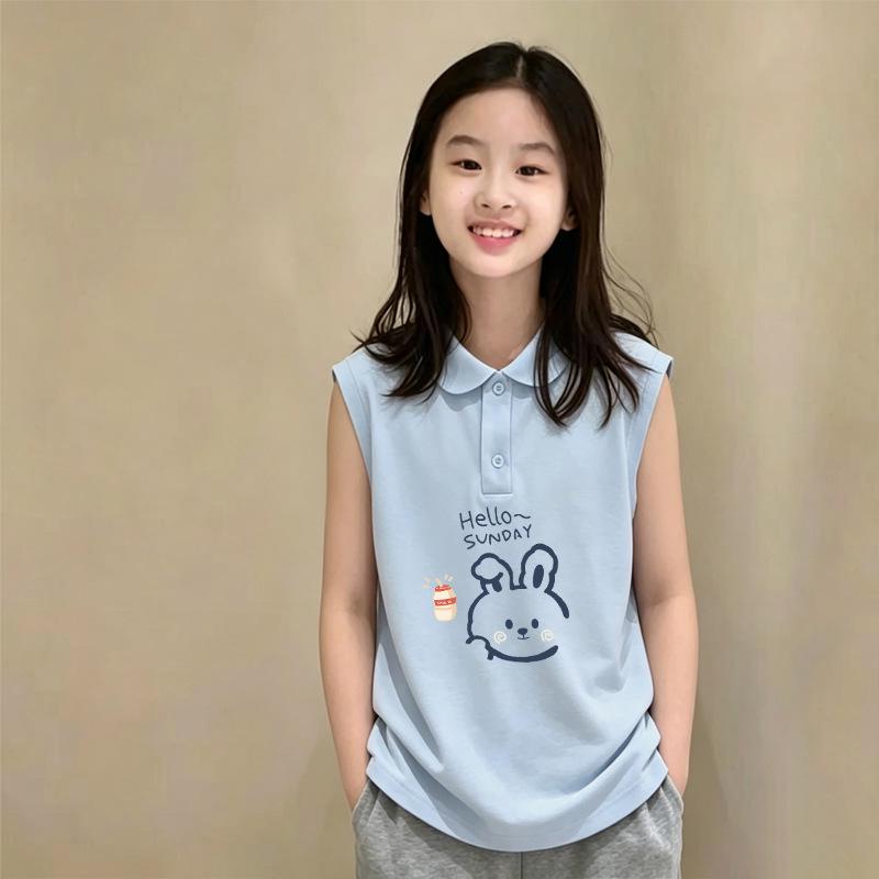 Korean Style Girls' Cotton Sleeveless Polo Vest, Thin Summer Design for Ages 6-12