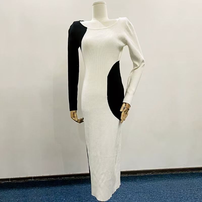 

Fashion New Arrival Knitting Black and White Matching Long Sleeves Dress Sweater Knitted Long Sleeved Dress Black and white pair XL