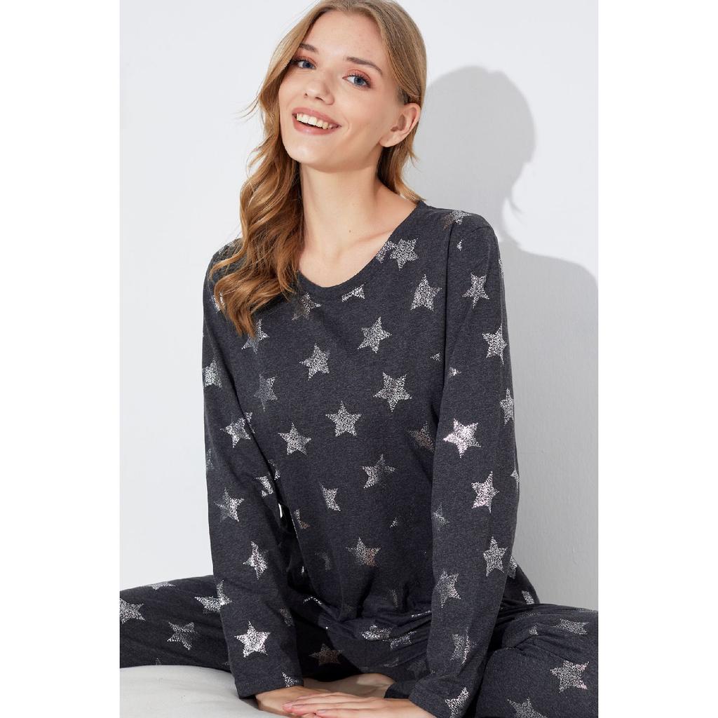 Pink Black Heart And Point Patterned Knitted Pajama Set 7792