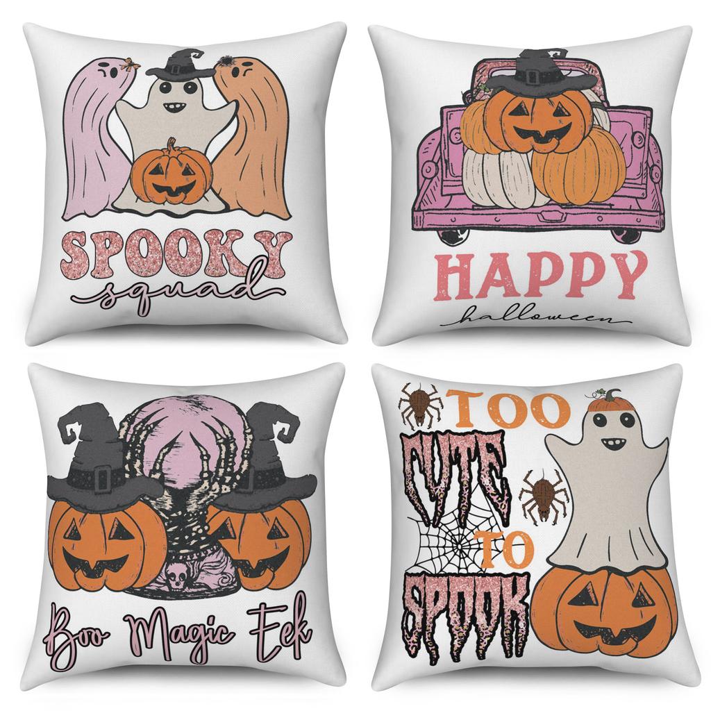 Halloween Throw Pillow Covers Pumpkin Ghost Witchy Linen Sofa Bed Pillowcase Square Cushion Cover Spooky Halloween Party Decor