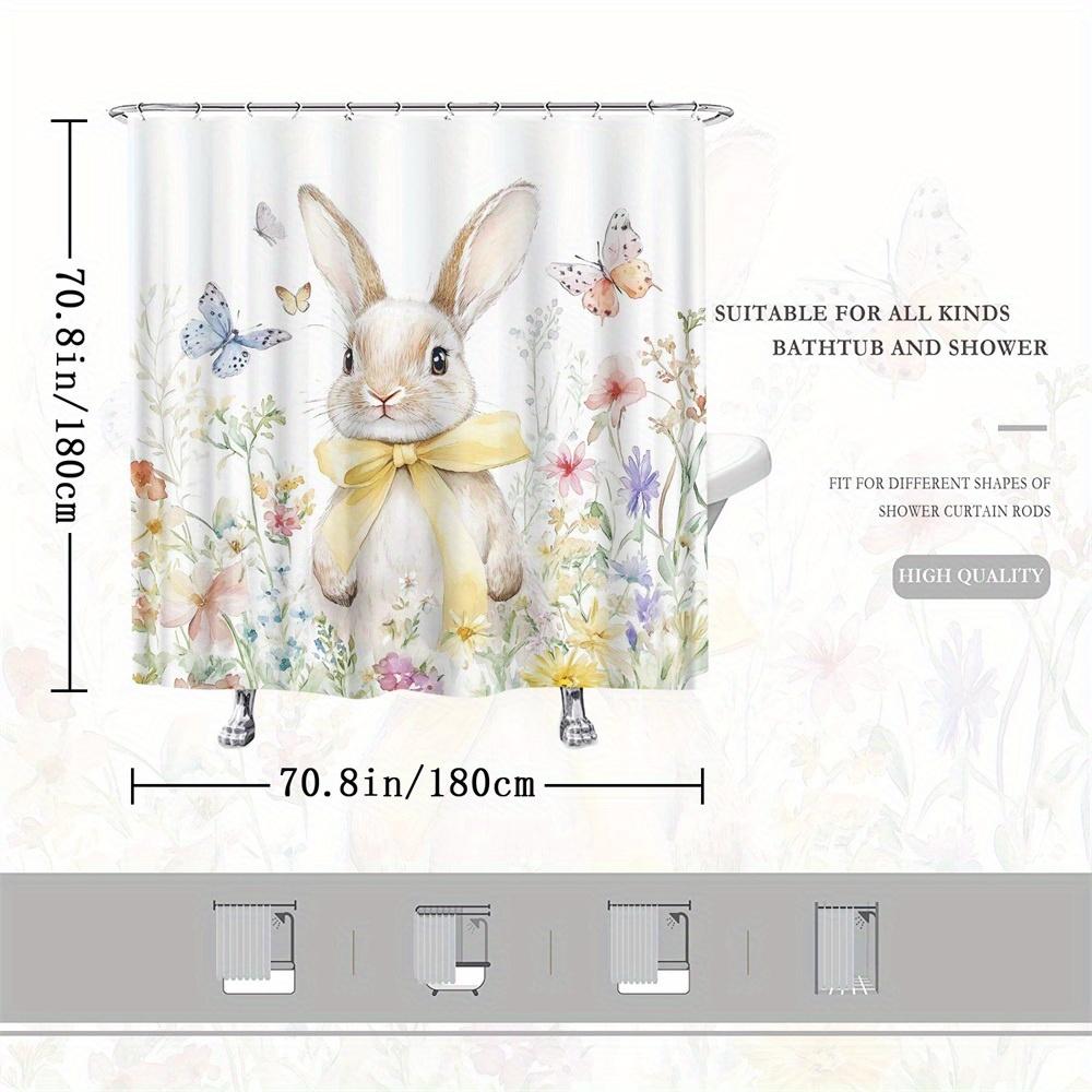 1pc Watercolor Rabbit & Butterflies Shower Curtain - Soft Pastel Florals, Polyester, Washable, All-Season, Universal Holiday