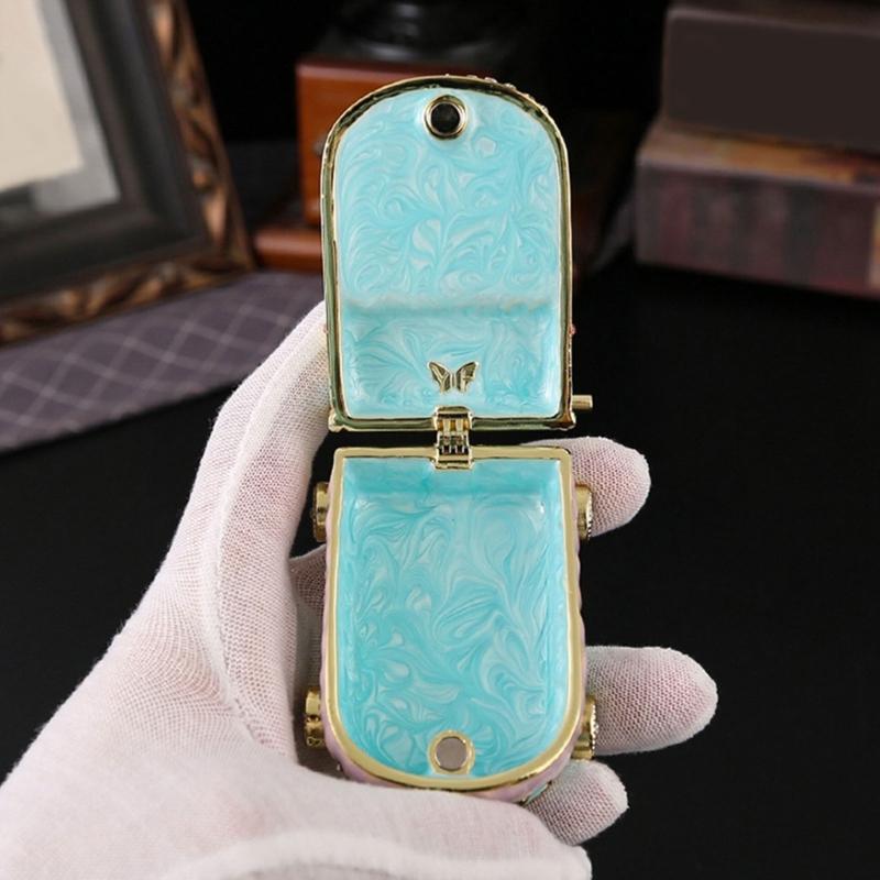 Enamel Jewelry Box Stroller Shape with Bear Ornament, Soft Blue Pink Accessory Box for Rings, Earrings, Bedside Table and Shelf Display