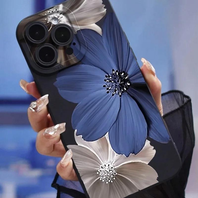 Blue Silver Floral Oil Painting Elegant Style Phone Case for iPhone 17 16 15 14 13 12 11 Series Pro Max Plus
