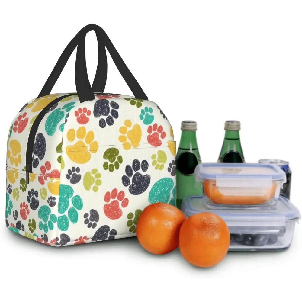 Cute Dog Paws Insulated Lunch Bag Colorful Hand Drawn Doodle Paw Prints Lunch Box Dog Lovers Cooler Thermal Reusable Tote
