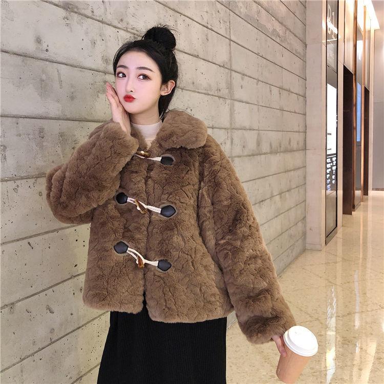 Lamb Wool Coat Women's Short Autumn and Winter Imitation Fur New Brush Flower Thickened Horn Button Plush Coat