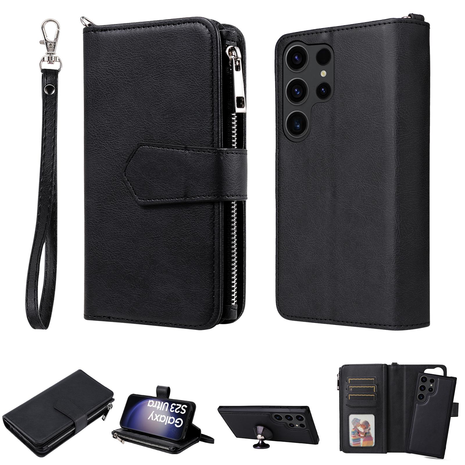 

KT Multi-functional Series-4 Zipper Wallet Phone Case for Samsung Galaxy S23 Ultra,PU Leather Stand Detachable Flip Cover Black