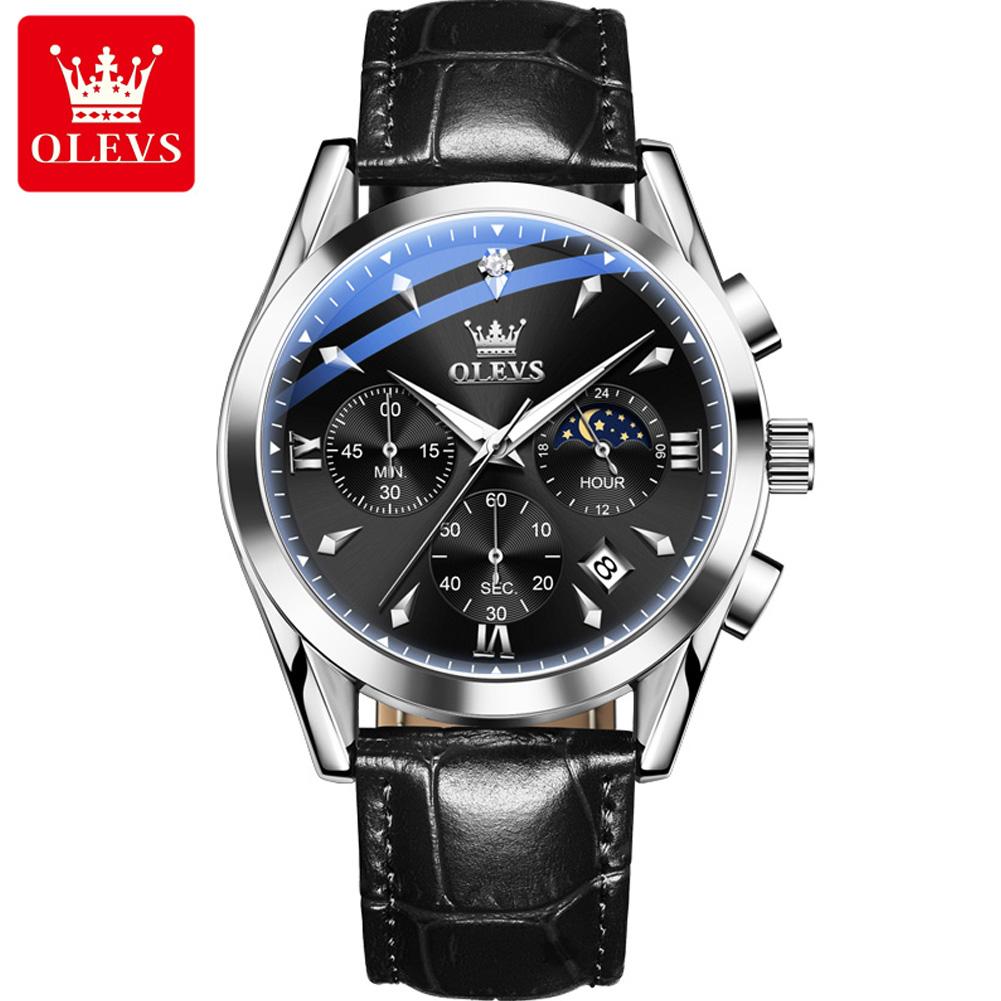 OLEVS 3609 Luxury Leather Quartz Mens Wristwatches Original Moon Phase Chronograph Waterproof Luminous Watch for Men Reloj Mujer