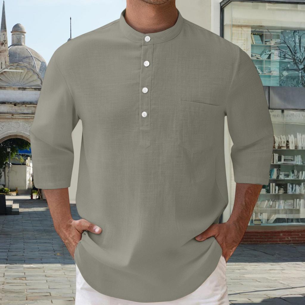 Men's Linen 3/4-Sleeve Shirt - Buttoned Stand Collar Pocket Loose-Fit Casual Top