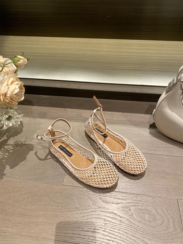 Mesh Breathable French Fairy Style Single Shoes Women 2025 New Summer Round Head Shallow Mouth Ankle Strap Flat With Skirt Tide