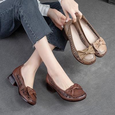 Décolleté con tacco spesso in vera pelle retrò, punta tonda, sandali traspiranti scavati, scarpe comode