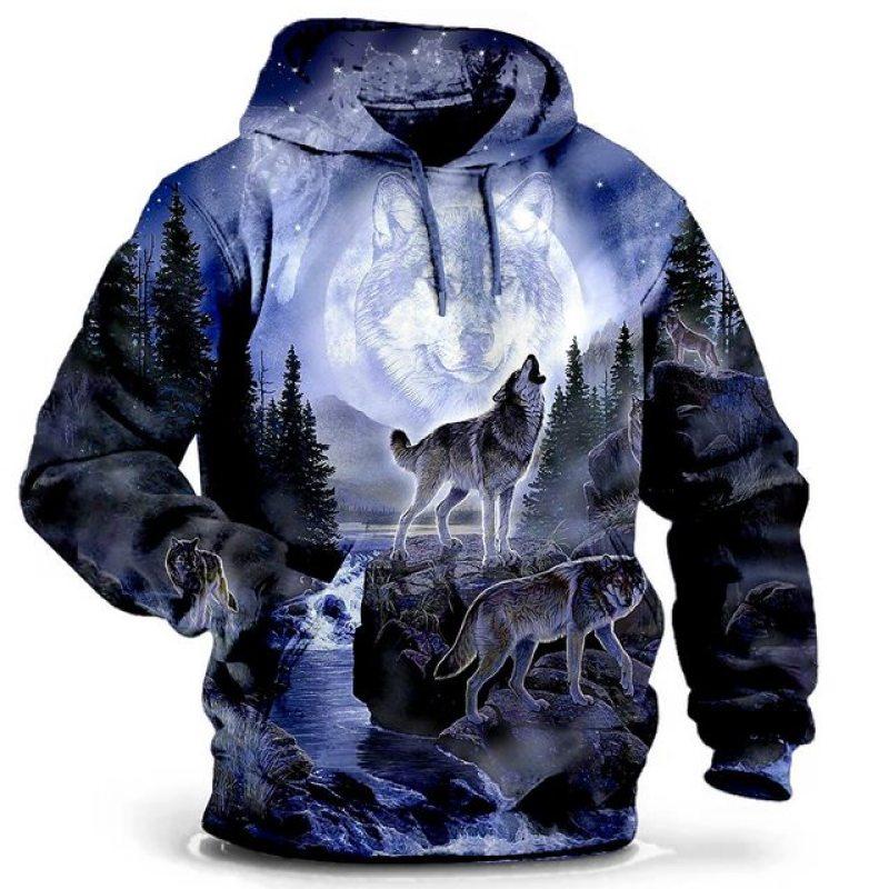 Felpa Con Cappuccio Unisex Stampa 3D Lupo Grigio - Uomo Donna Maniche Lunghe Con Tasca, Autunno Inverno (XXL)