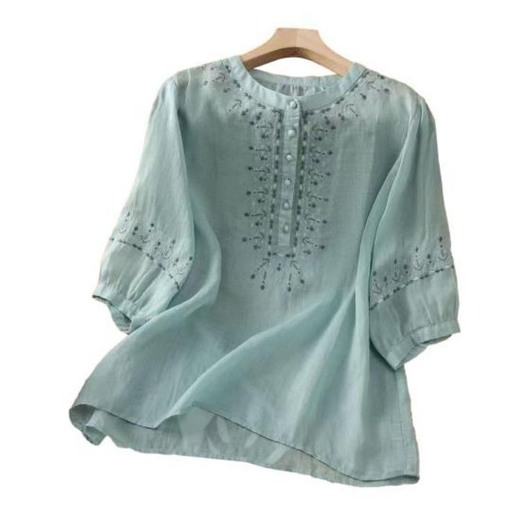 Embroidery Flower Pattern Women Shirt Retro Style Round Neck Pullover Tops 3 4 Sleeve Summer Casual Blouse