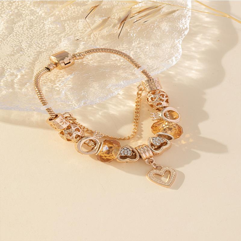 Handmade Beaded Bracelet With Heart Pendant Crown Crystal Rhinestone Charm Jewelry