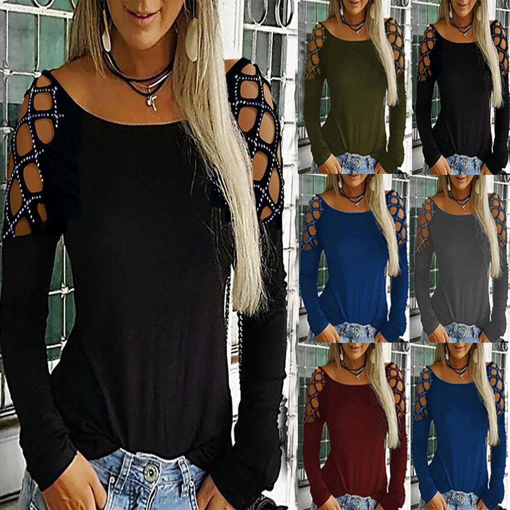 Cotton Long Sleeve T Shirt With Cutout Pattern And Sparkling Details For Women