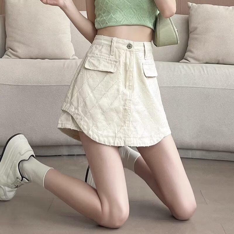 2025 Trendy High Waist White Denim A-line Bodycon Mini Skirt for Women