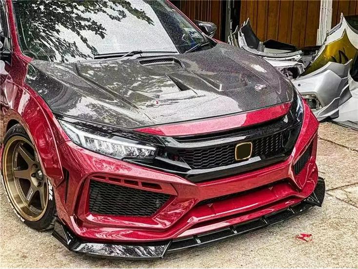 Civic RS Models (16-21) Track Wide Body Kit: FC450 Front Lip, Rear Spoiler, Rear Diffuser, Side Skirts, Roof Spoiler.