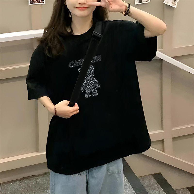 

Сладкая и свежая футболка из чистого хлопка черного цвета с короткими рукавами для девочек, летняя новинка, повседневная, универсальная, с рукавами три четверти, топ и одежда, инс-тренд S