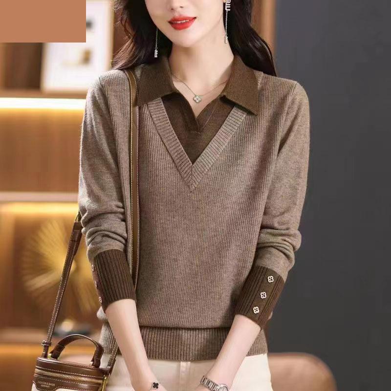 

Женский вязаный свитер с эффектом двухслойности, новинка осени 2025, с длинными рукавами, лацканами, приталенный пуловер, женская базовая рубашка, джемпер S кофейный