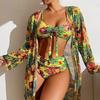 Split Three Piece Floral Printed Swimsuit Women Bikini Set Wireless Bra with Pad Sport Top Long Sleeve Blouse Swimwear Plus Size