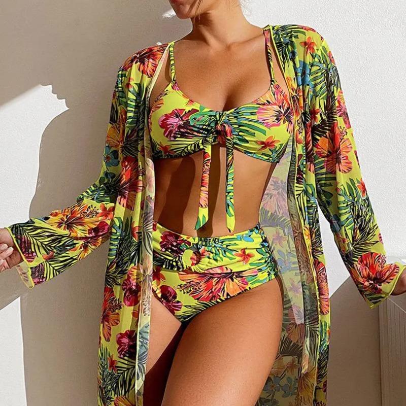 Split Three Piece Floral Printed Swimsuit Women Bikini Set Wireless Bra with Pad Sport Top Long sleeve Blouse Swimwear Plus Size