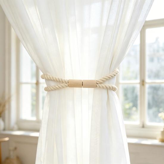 Magnetic Curtain Tieback, Cotton Linen Rope Curtain Holdback with Wood Buckle for Drapes, Decorative Tie Backs for Bedroom, Boho Room, Nursery,
