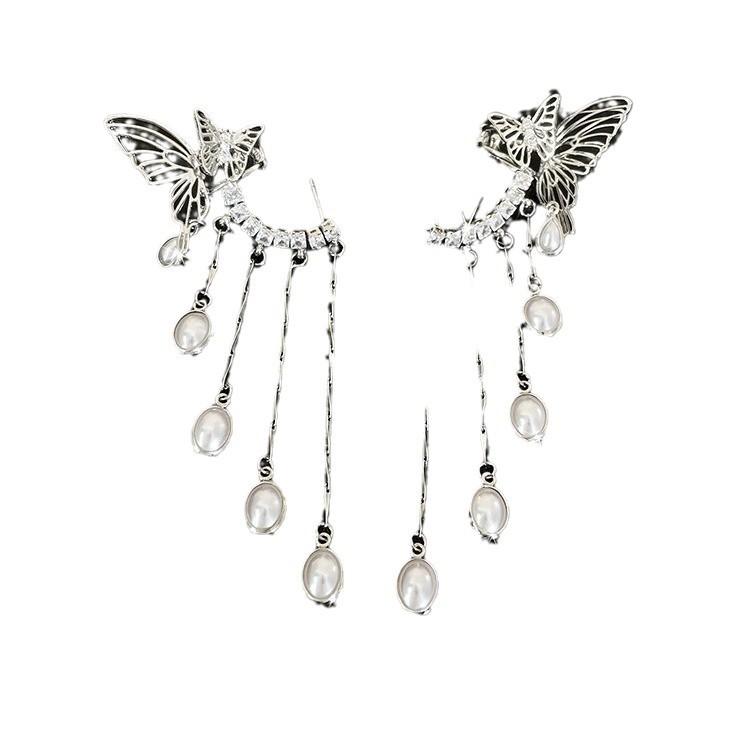 Super fairy niche butterfly hollow tassel integrated stud earrings earbone clip fashion light luxury high-end temperament earrings women