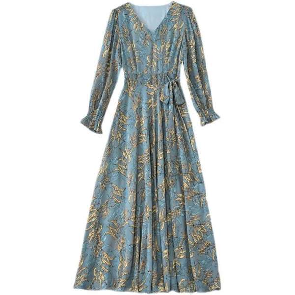 Korean Version of the New Autumn Big Swing Dress for Women's Medium and Long Styles, Thin Waist, Middle-aged Man, Mother Dress Long