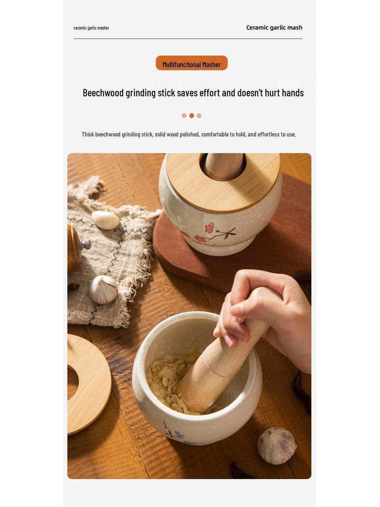Ezme ve Öğütme İçin Ahşap Tokmaklı Seramik Sarımsak Ezici Havan ve Tokmak Seti