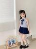 Girls' Summer Plaid Halter Set – Navy Skirt & Shirt